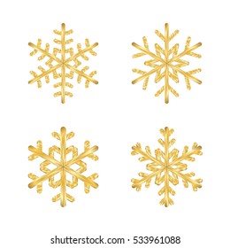 Gold Christmas snowflakes icons set. Golden silhouette snow flake signs isolated on white background. Design for card, decoration. Symbol winter, New Year holiday celebration Vector illustration