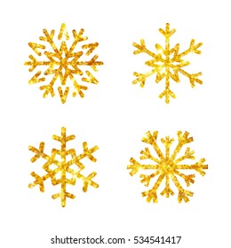Gold Christmas snowflakes icons set. Golden fire silhouette snow flake sign isolated white background. Design card, decoration. Symbol winter, New Year holiday celebration Vector illustration