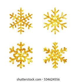 Gold Christmas snowflakes icons set. Golden fire silhouette snow flake sign isolated white background. Design card, decoration. Symbol winter, New Year holiday celebration Vector illustration