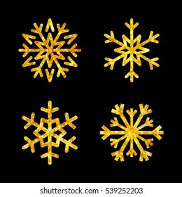 Gold Christmas snowflakes icons set. Golden fire silhouette snow flake sign isolated black background. Design card, decoration. Symbol winter, New Year holiday celebration Vector illustration