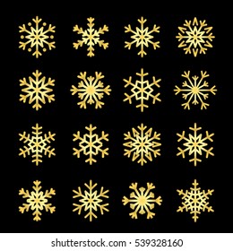 Gold Christmas snowflakes icons set. Golden silhouette snow flake sign isolated on black background. Elegant design card, decoration. Symbol winter, New Year holiday celebration Vector illustration