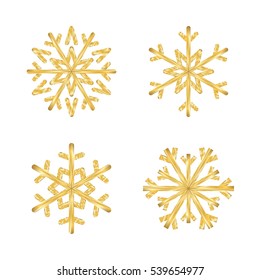 Gold Christmas snowflakes icons set. Golden silhouette snow flake signs isolated on white background. Design for card, decoration. Symbol winter, New Year holiday celebration Vector illustration