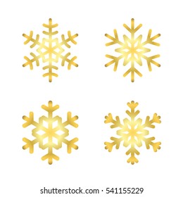 Gold Christmas snowflakes icons set. Golden silhouette snow flake sign isolated on white background. Elegant design card, decoration. Symbol winter, New Year holiday celebration Vector illustration