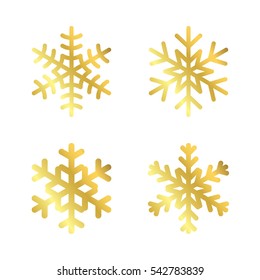 Gold Christmas snowflakes set icons. Golden silhouette snow flake sign isolated on white background. Elegant design card, greeting, decoration. Shine texture. Symbol of winter Vector illustration