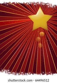 Gold Christmas star and baubles on a starburst background