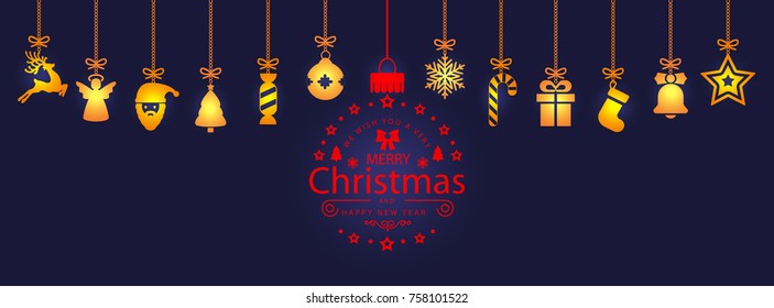 Gold Christmas symbol elements hanging, Merry Christmas, Happy New Year – vector