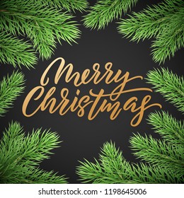 Gold Christmas text card on black background with green Christmas trees branches. Golden xmas text