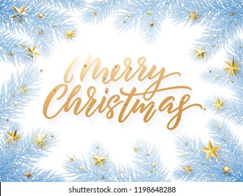 Gold Christmas Text Card On White Background With Snowed Blue Christmas Trees Branches. Golden Xmas Decoration Text