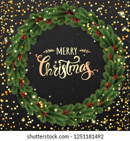 Gold Christmas text on black background with Christmas wreath of tree branches, berries, lights, snowflakes. Xmas theme. Vector Illustration