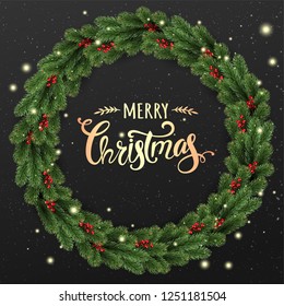 Gold Christmas text on black background with Christmas wreath of tree branches, berries, lights, snowflakes. Xmas theme. Vector Illustration