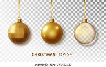 Bolas de árbol de Navidad doradas fijadas con aislado en fondo transparente. Bolas de navidad doradas colgadas de forma realista. Decoración de la celebración navideña