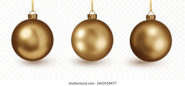 Gold Christmas tree bauble set. Realistic shiny, matte and glitter holiday ornaments isolated on transparent background. 3D vector decorative Xmas elements