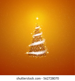 Gold Christmas tree  blizzard stars background.