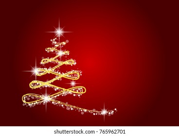 gold Christmas tree with bokeh line on red background - vector eps 10