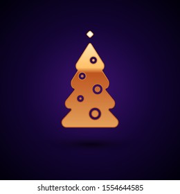 Gold Christmas tree with decorations icon isolated on dark blue background. Merry Christmas and Happy New Year.  Vector Illustration