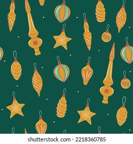 Gold Christmas tree decorations seamless pattern. Vector graphics.