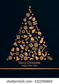 gold Christmas tree with jewels on a black background of skates, sledge, hand bell, candle, angel, candies.