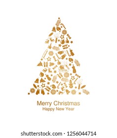 gold Christmas tree with jewels on a  background symbols of new year Greeting, invitation cute card. Simple decorative illustration for print, web