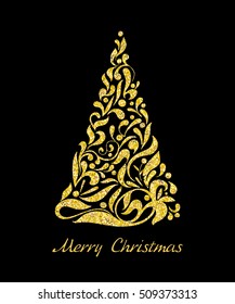 gold Christmas tree with jewels on a black background