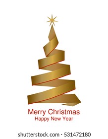 gold Christmas tree with jewels on a light background. Greeting, invitation cute card. Simple decorative illustration for print, web