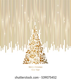 Gold Christmas Tree With Jewels On A Black Background Greeting, Invitation Cute Card. Simple Decorative Illustration For Print, Web