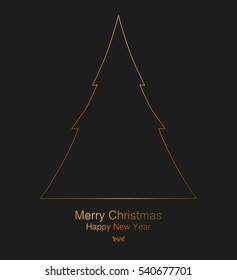 gold Christmas tree with jewels on a black background Greeting, invitation cute card. Simple decorative illustration for print, web