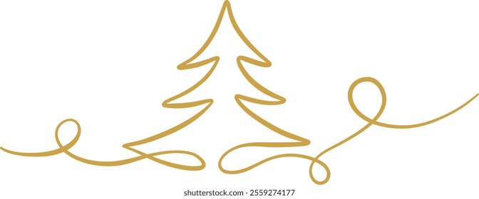 Gold Christmas tree line art ribbon vector illustration banner, clip art festive holiday pine decorative flourish, isolated