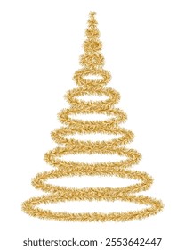 Gold Christmas tree. Tree made of fluffy tinsel. Color vector illustration. Isolated white background. Festive fir for new year. Idea for web design.