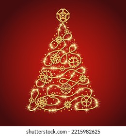 Gold christmas tree made of golden wire with gears, sparkles, little scattered stars on a red background in steampunk style.