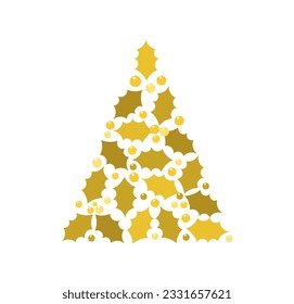 Gold Christmas tree made of holly berry leaves symbol. Vector illustration.