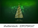 Gold Christmas tree and New Year Typographical on Green Xmas background with winter landscape with snowflakes, light, stars. Merry Christmas and Happy New Year greeting card, poster,  holiday cover.