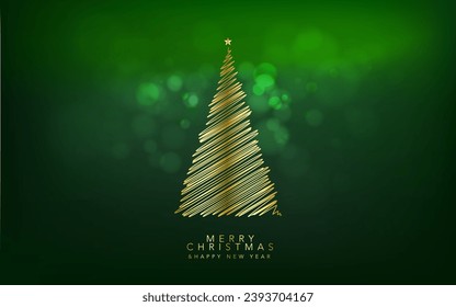 Gold Christmas tree and New Year Typographical on Green Xmas background with winter landscape with snowflakes, light, stars. Merry Christmas and Happy New Year greeting card, poster,  holiday cover.