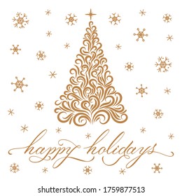 Gold Christmas tree from ornament elements, Happy Holidays lettering, snowflakes. Line drawn. Merry Christmas. New Year. Template greeting card. Isolated object white background. Vector illustration
