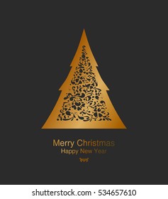 gold Christmas tree with ornate vertical winter holidays greeting cards with New Year, gift box, Christmas ornaments and typographic design. Best for greeting cards, invitations.