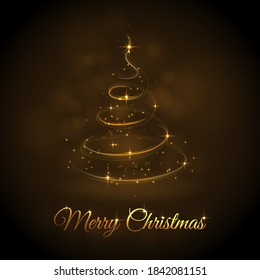 Gold Christmas tree with sparkles on abstract background.