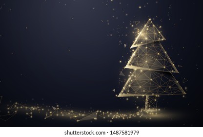 Gold christmas tree and Sparkling lights garland from lines, triangles and particle style design. Illustration vector