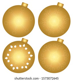 Gold Christmas tree toy balls set isolated on a white background. Stocking Christmas decorations. Vector object for christmas design. White snowflakes are on balls