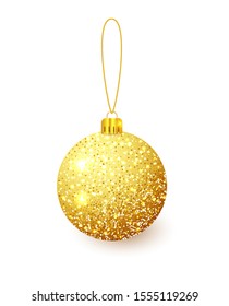 Gold Christmas tree toy isolated on a transparent background. Stocking Christmas decorations. Vector object for christmas design, mockup. Vector realistic object.