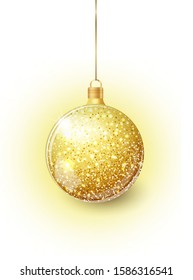 Gold Christmas tree toy isolated on a transparent background. Stocking Golden Christmas decorations. Vector object for christmas design, mockup. Vector realistic object Illustration 10 EPS