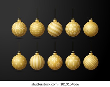 Gold Christmas tree toy oe balls set isolated on a black background. Stocking Christmas decorations. Vector object for xmas design, mockup realistic object Illustration