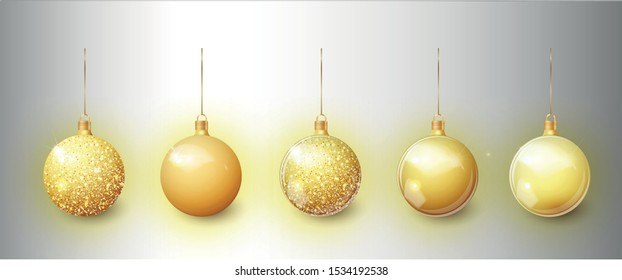 Gold Christmas tree toy set isolated on a transparent background. Stocking Christmas decorations. Vector object for christmas design, mockup. Vector  Illustration 10 EPS