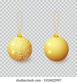 Gold Christmas tree toy set isolated on a transparent background. Stocking Christmas decorations. Vector object for christmas design, mockup. Vector realistic object Illustration 10 EPS
