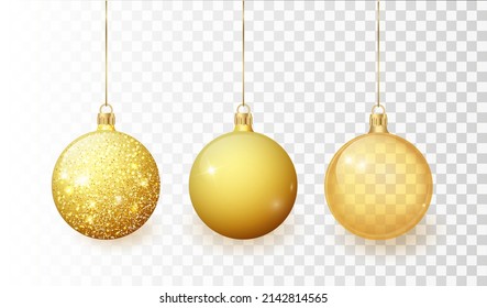 Gold Christmas tree toy set isolated on a transparent background. Stocking Christmas decorations. Vector object for christmas design, mockup. Vector realistic Illustration