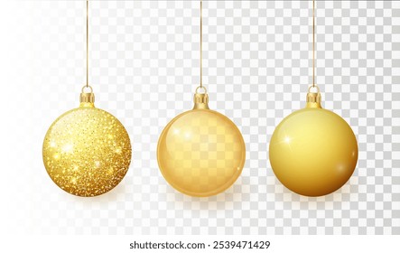 Gold Christmas tree toy set isolated on a transparent background. Stocking Christmas decorations. Vector object for christmas design, mockup. Vector realistic Illustration