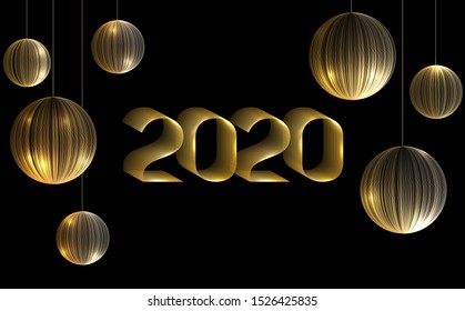 Gold Christmas tree toys 2020 New Year black stylish card. Golden Christmas balls, spherical toys on black background. New Year 2020 holiday banner, poster or card with glowing gold bubbles.