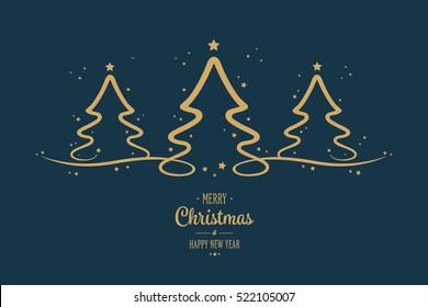 gold christmas trees stars greeting blue background