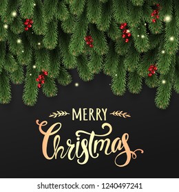 Gold Christmas Typographical on dark background with fir branches, berries, lights, stars. Xmas and New Year theme. Vector Illustration