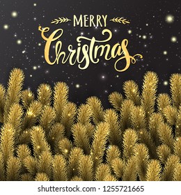 Gold Christmas Typographical on dark shiny background with fir branches, lights, stars. Xmas and New Year theme. Vector Illustration