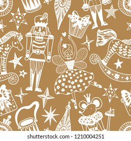 Gold Christmas vector seamless Nutcracker pattern.  Seamless pattern can be used for wallpaper, pattern fills, web page background, surface textures.