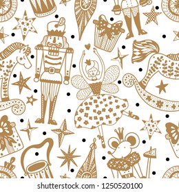 Gold Christmas vector seamless Nutcracker pattern.  Seamless pattern can be used for wallpaper, pattern fills, web page background, surface textures.